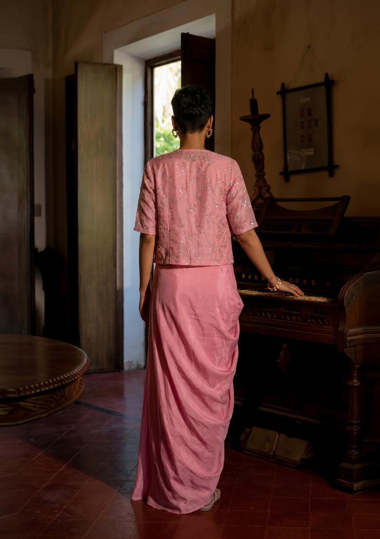 Pink Embroidered Organza Fusion Set - Indya