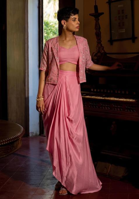 Pink Embroidered Organza Fusion Set