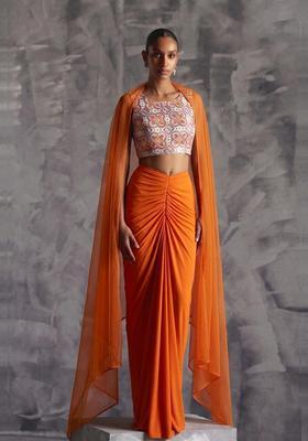 Off White Embroidered Crepe Fusion Set