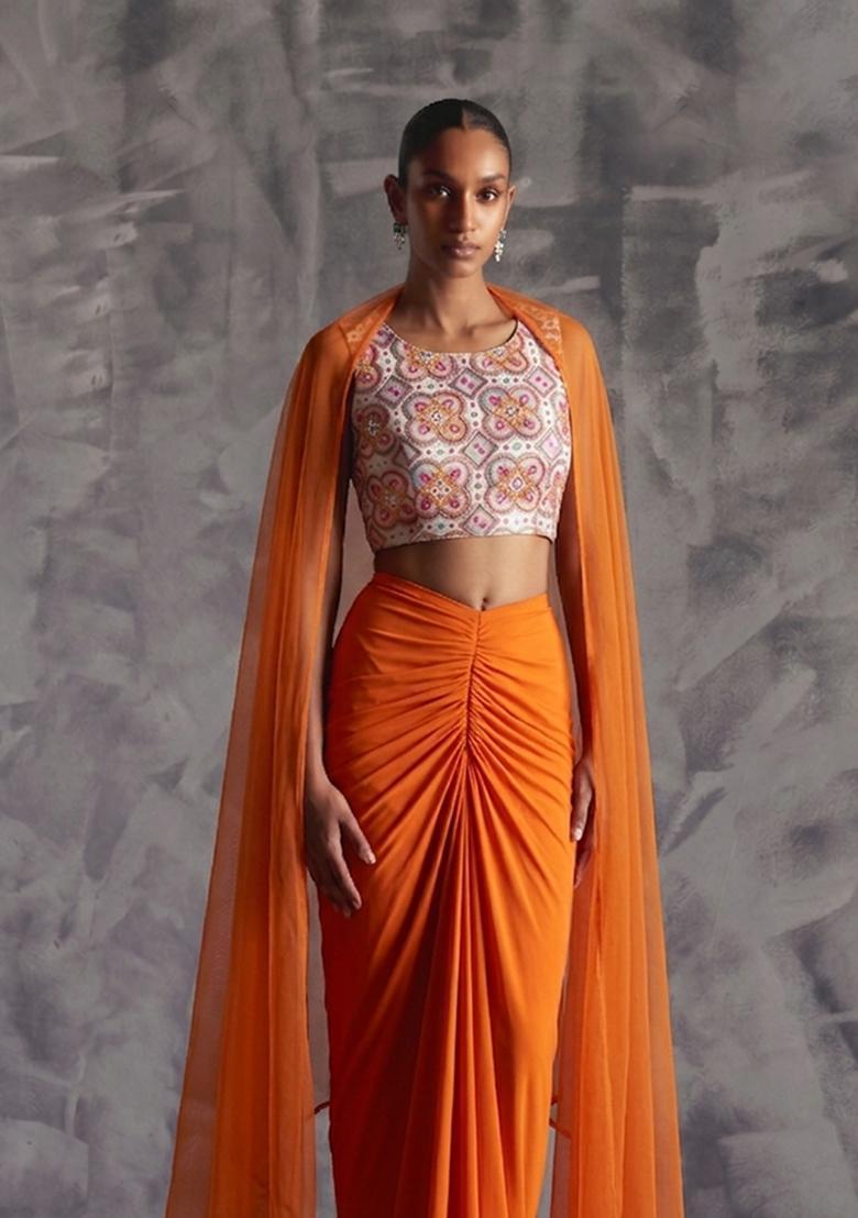 Off White Embroidered Crepe Fusion Set - Indya
