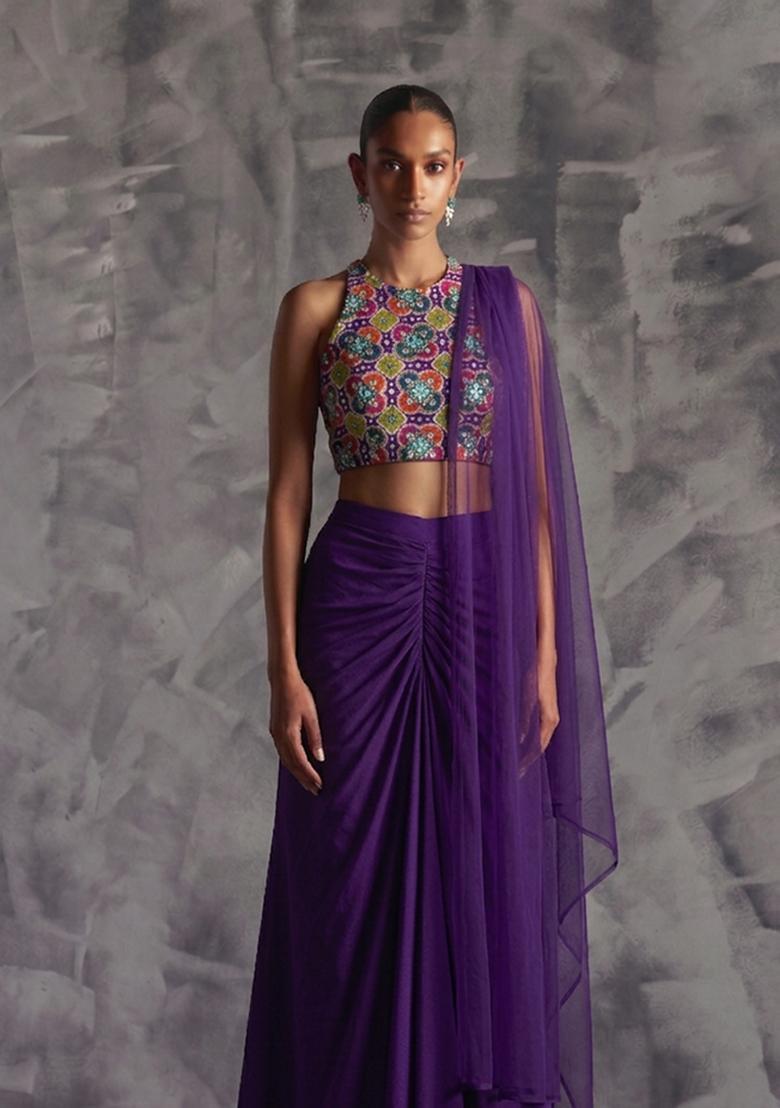Deep Purple Embroidered Crepe Fusion Set - Indya