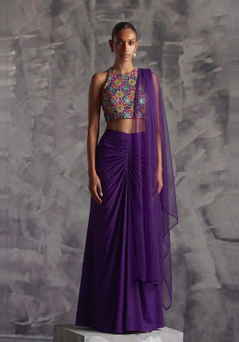 Deep Purple Embroidered Crepe Fusion Set