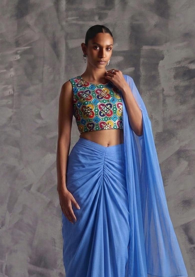 Emerald Green Embroidered Crepe Fusion Set - Indya