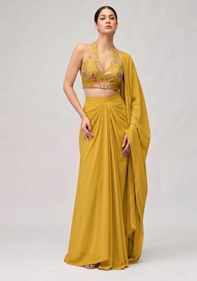 Mustard Yellow Printed Organza Pre Draped Saree Set