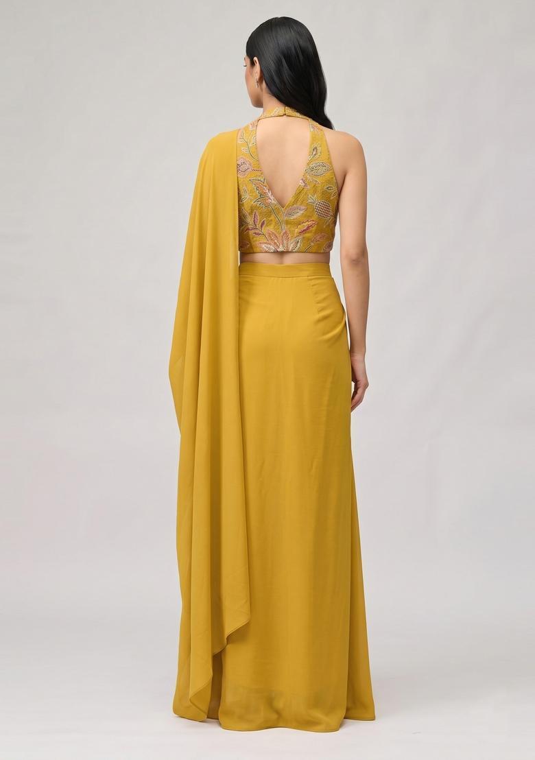 Mustard Yellow Printed Organza Pre Draped Saree Set - Indya