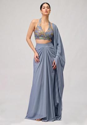 Dusty Blue Printed Organza Pre Draped Saree Set