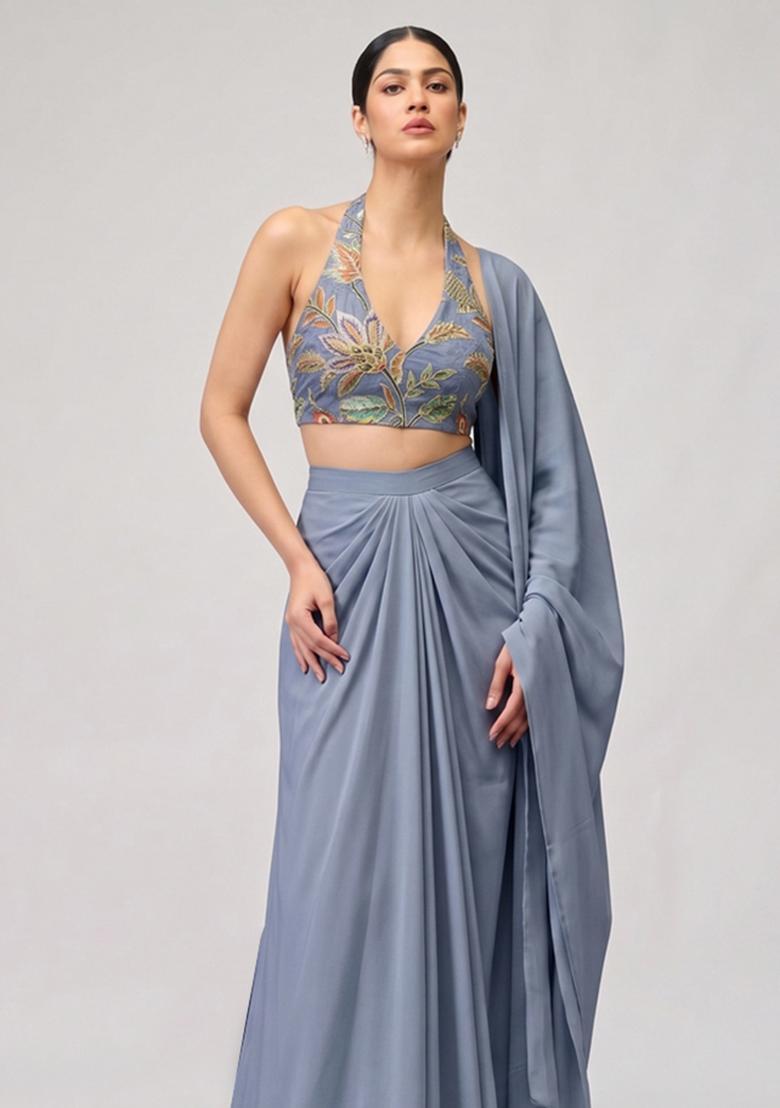 Dusty Blue Printed Organza Pre Draped Saree Set - Indya