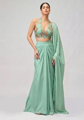 Mint Green Printed Organza Pre Draped Saree Set