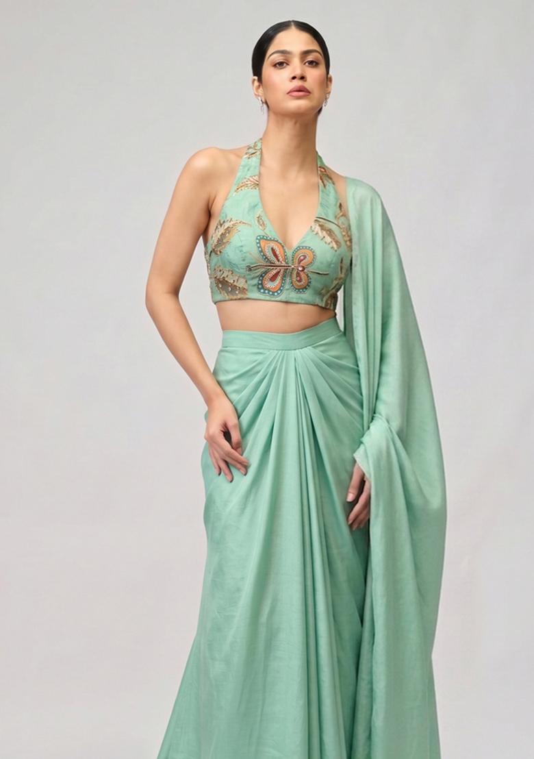 Mint Green Printed Organza Pre Draped Saree Set - Indya