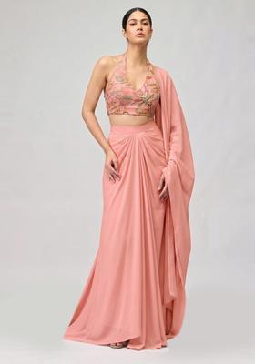 Peach Printed Organza Pre Draped Saree Set
