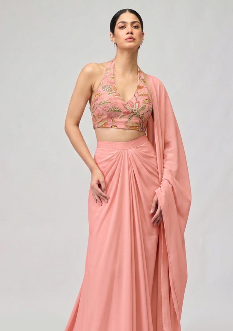 Peach Printed Organza Pre Draped Saree Set - Indya