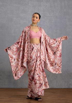Blush Pink Printed Satin Fusion Set