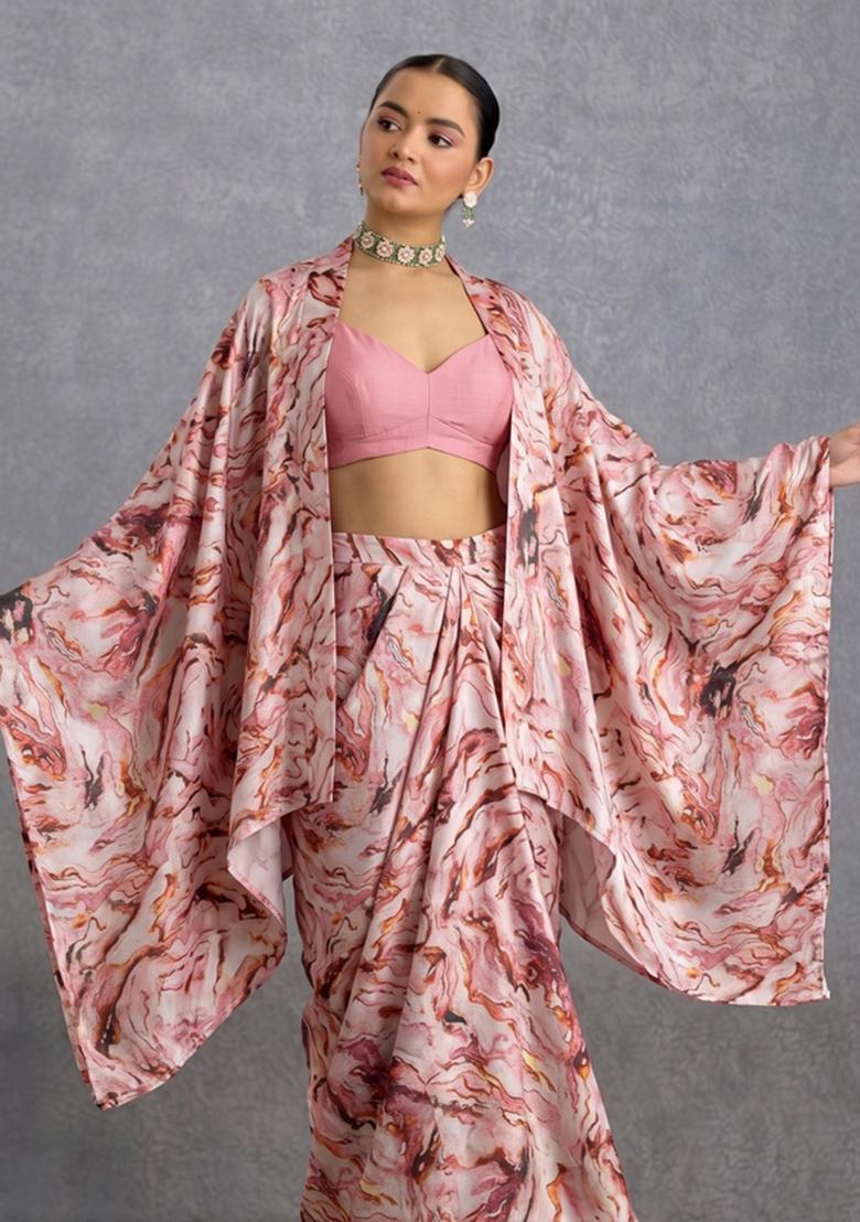 Blush Pink Printed Satin Fusion Set - Indya