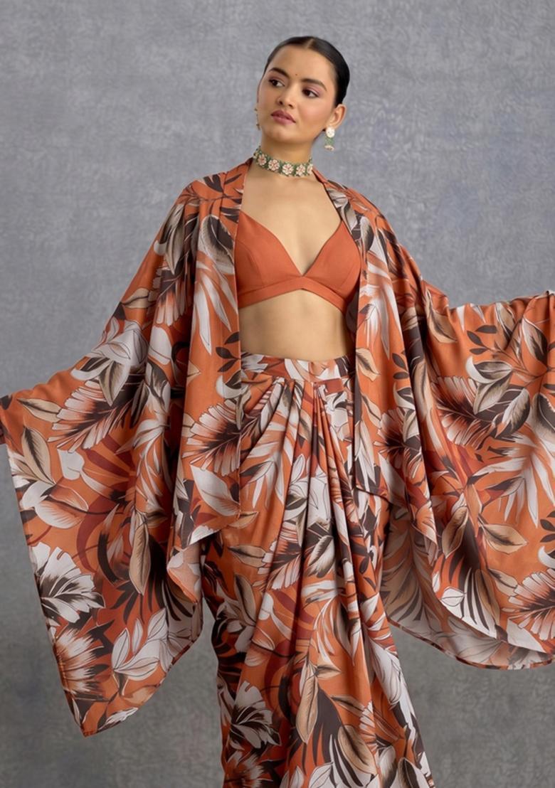 Burnt Orange Printed Satin Fusion Set - Indya