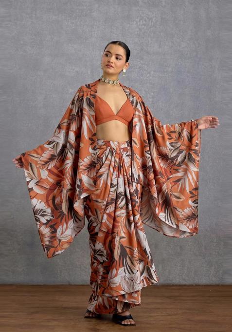 Burnt Orange Printed Satin Fusion Set