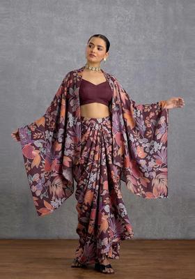 Deep Plum Printed Satin Fusion Set