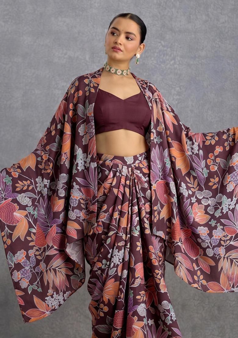 Deep Plum Printed Satin Fusion Set - Indya
