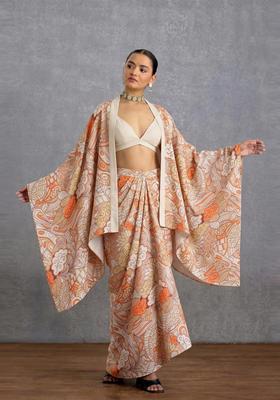 Beige Printed Satin Fusion Set