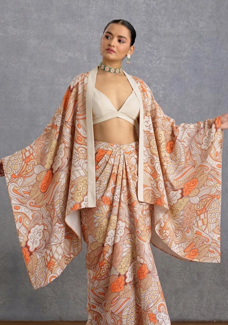 Beige Printed Satin Fusion Set - Indya