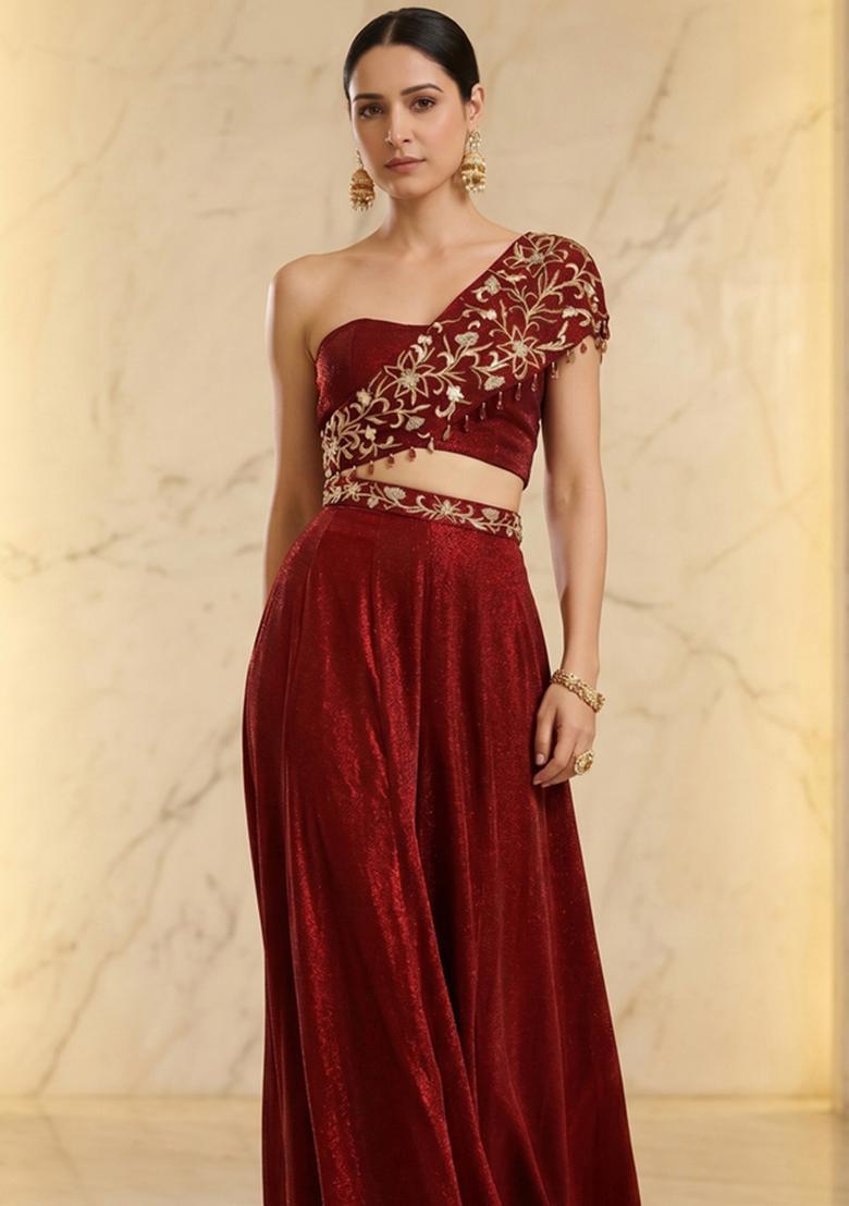 Maroon Handwork Fusion Set - Indya