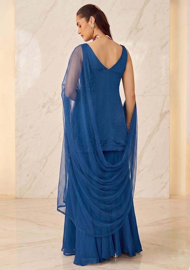 Blue Embroidered Sharara Set - Indya