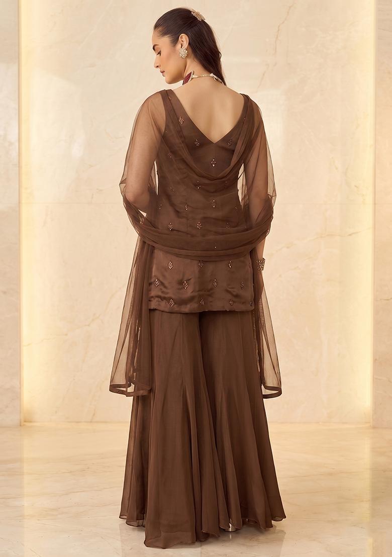 Brown Embroidered Sharara Set - Indya