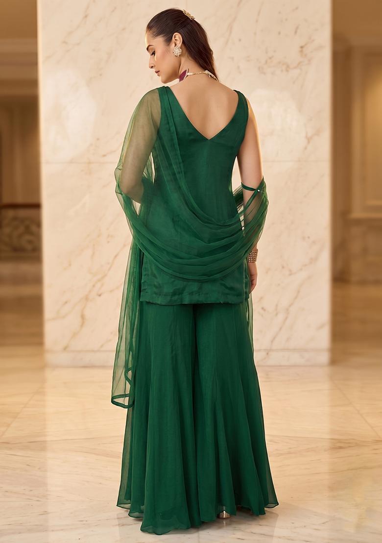 Emerald Green Embroidered Sharara Set - Indya
