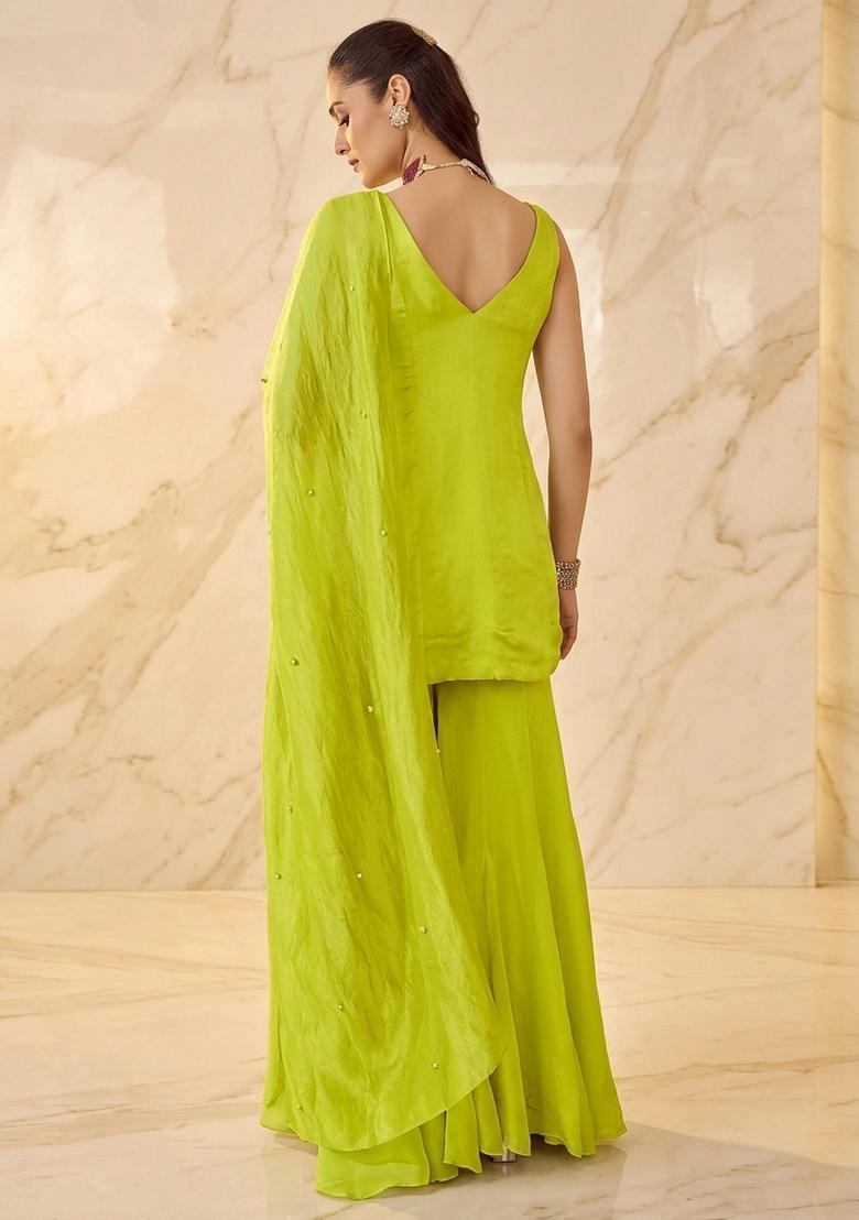 Lime Green Embellished Sharara Set - Indya