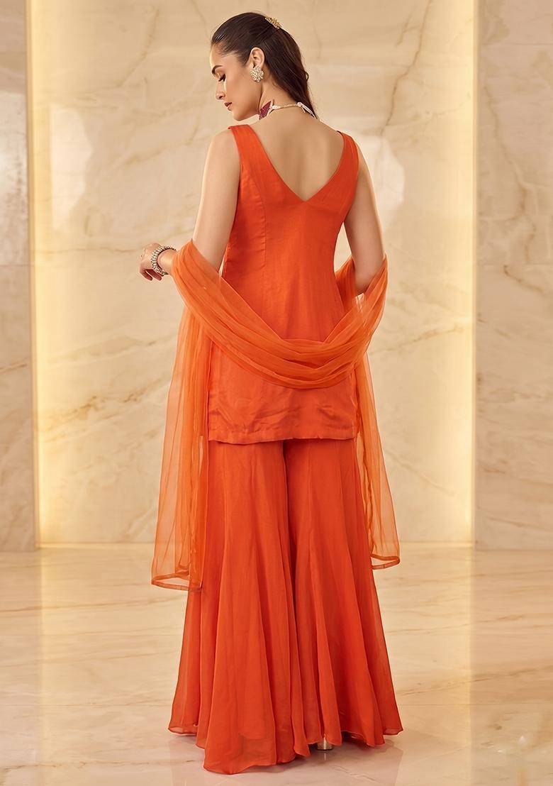 Orange Embellished Sharara Set - Indya
