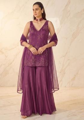 Wine Embroidered Sharara Set