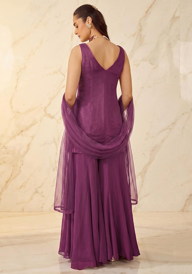 Wine Embroidered Sharara Set - Indya