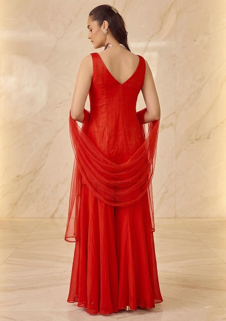 Bright Red Embroidered Sharara Set - Indya