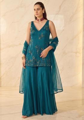 Teal Embroidered Sharara Set