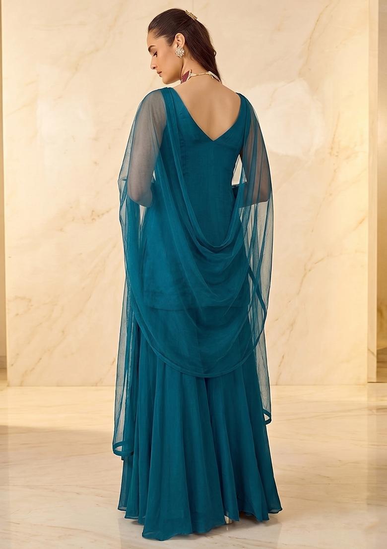Teal Embroidered Sharara Set - Indya