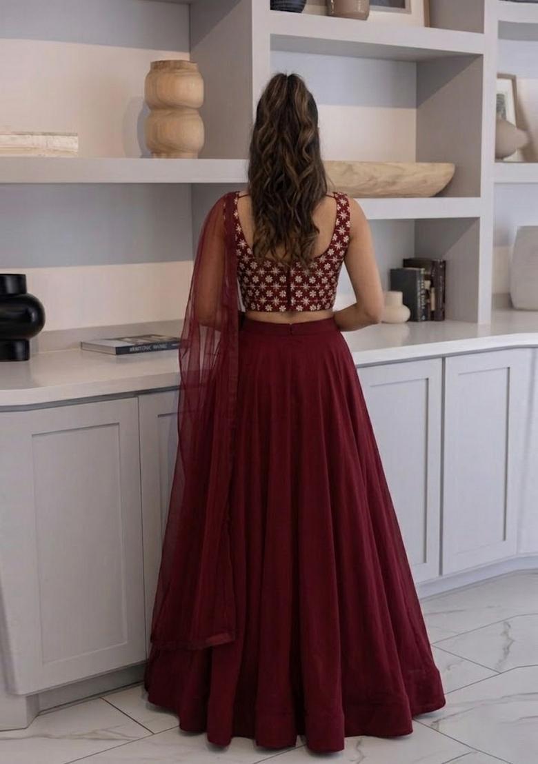 Maroon Printed Georgette Lehenga Set - Indya
