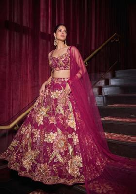 Pink Embroidered Organza Lehenga Set
