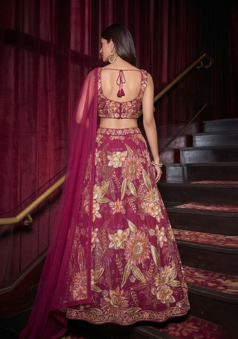 Pink Embroidered Organza Lehenga Set - Indya