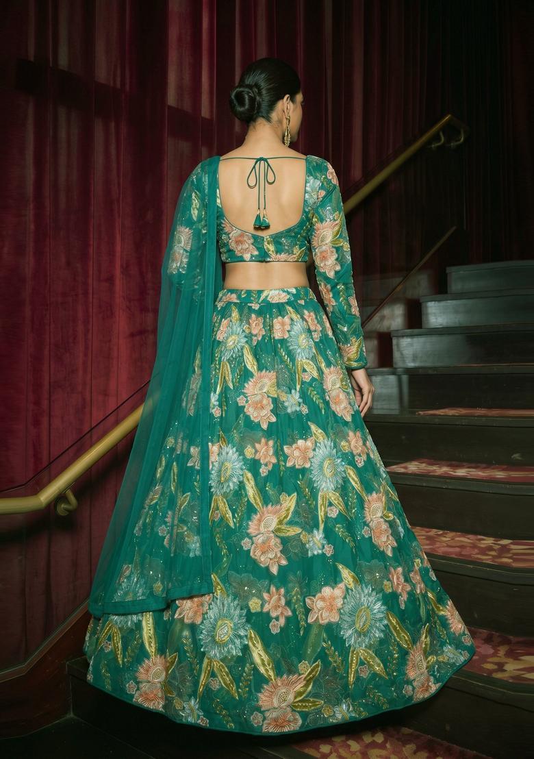 Teal Green Embroidered Organza Lehenga Set - Indya