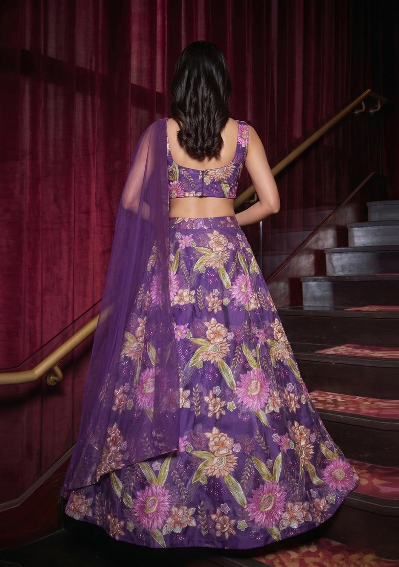 Deep Purple Embroidered Organza Lehenga Set - Indya