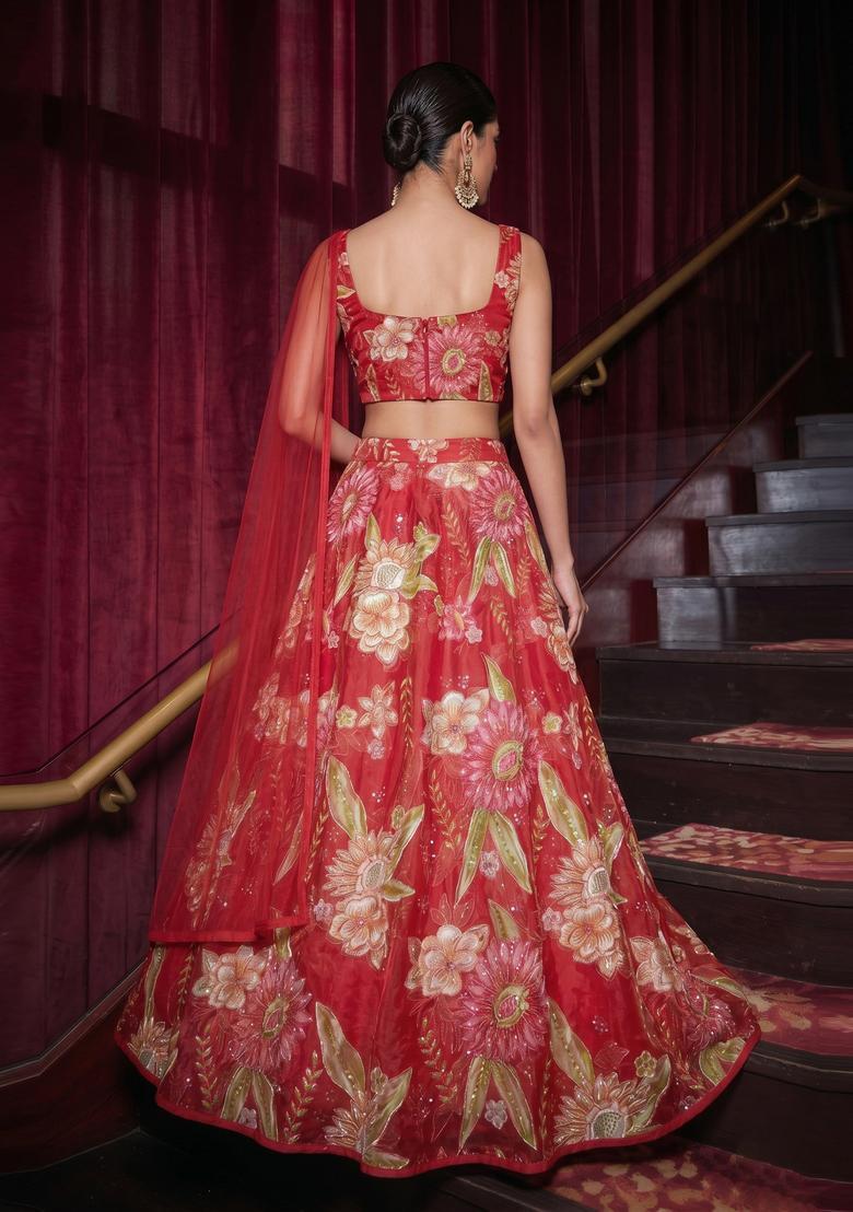 Bright Red Embroidered Organza Lehenga Set - Indya