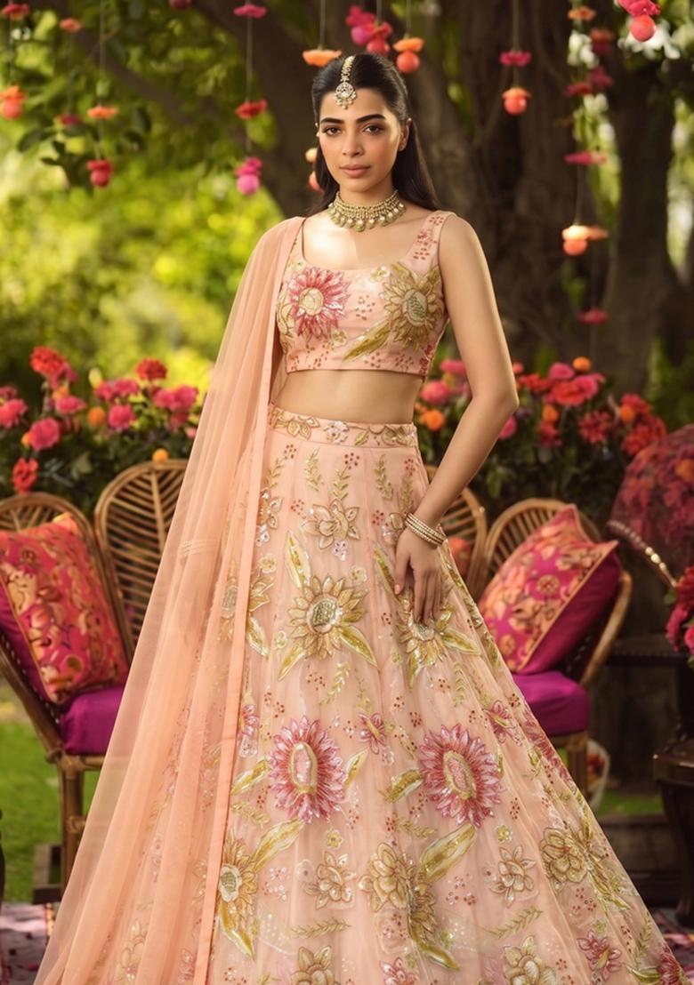 Pastel Peach Embroidered Organza Lehenga Set - Indya