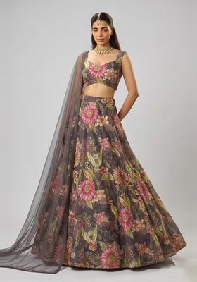Charcoal Grey Embroidered Organza Lehenga Set