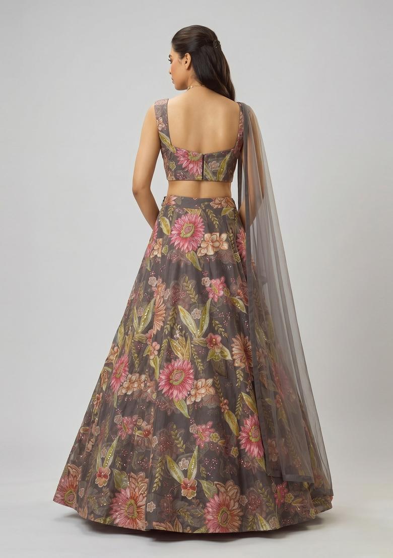 Charcoal Grey Embroidered Organza Lehenga Set - Indya