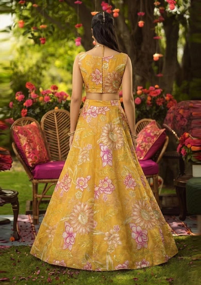 Mustard Yellow Embroidered Organza Lehenga Set - Indya