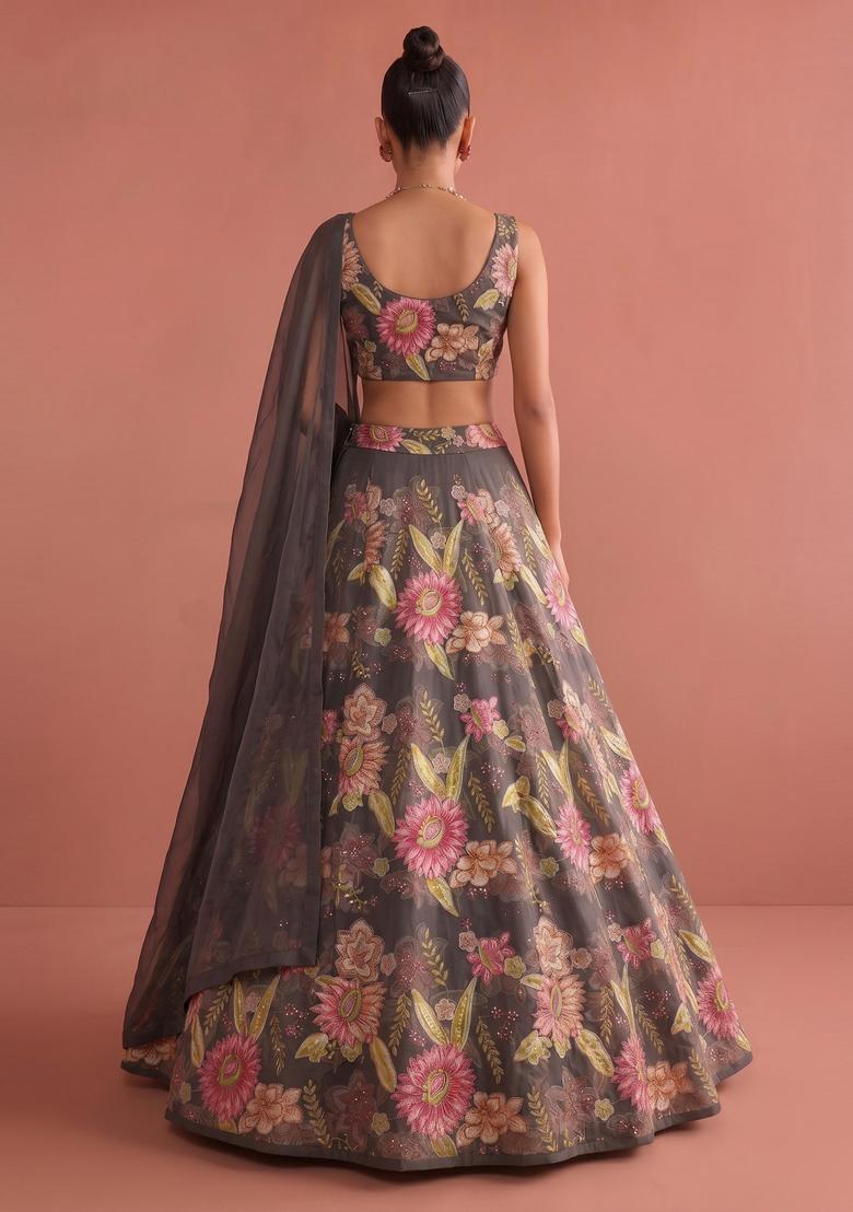 Charcoal Grey Embroidered Organza Lehenga Set - Indya