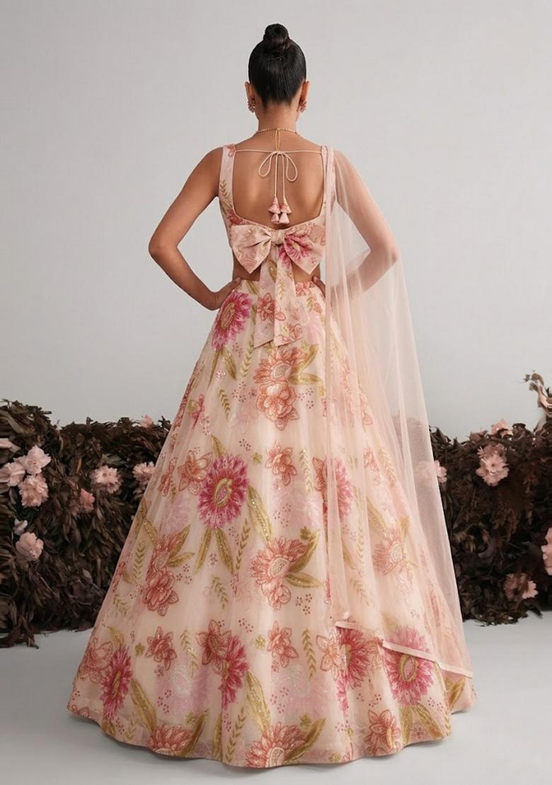 Pastel Pink Embroidered Organza Lehenga Set - Indya