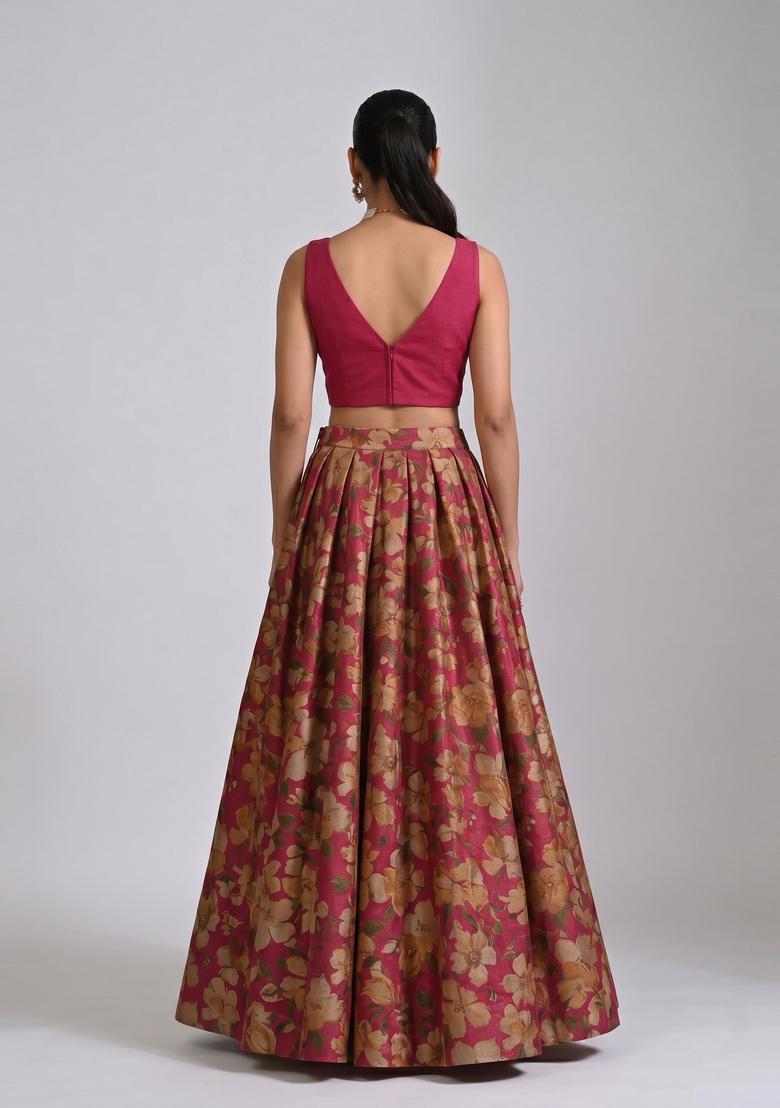 Dark Pink Printed Tissue Lehenga Set - Indya