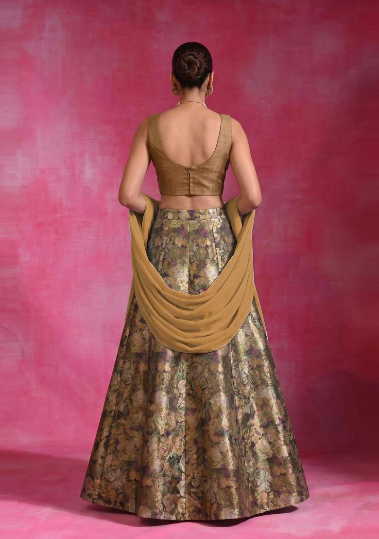 Brown Printed Tissue Lehenga Set - Indya
