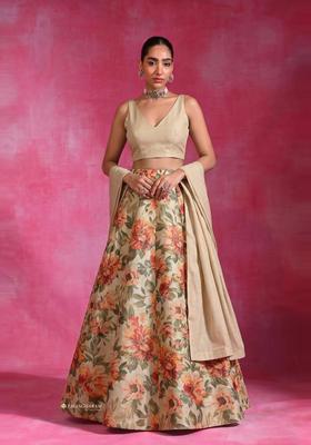 Beige Printed Tissue Lehenga Set