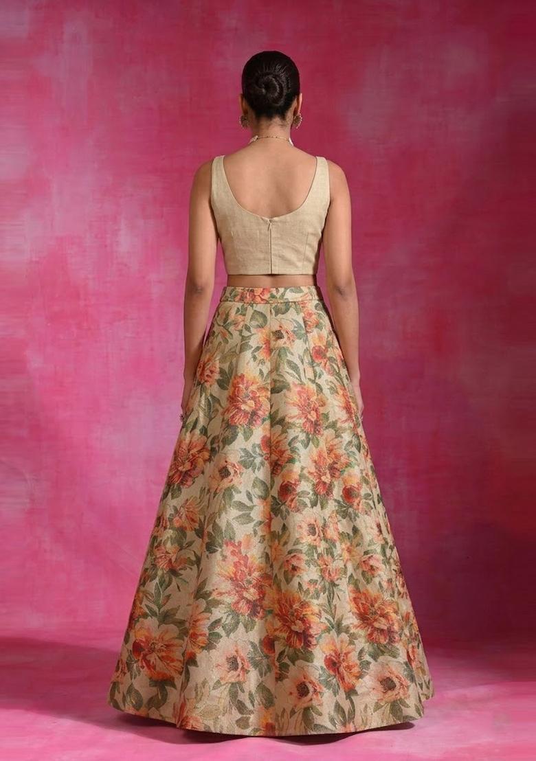 Beige Printed Tissue Lehenga Set - Indya